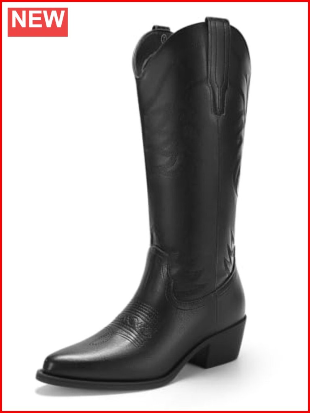 Embroidered Western Cowboy Boots Mid Calf Chunky Block Heel Pointed Toe